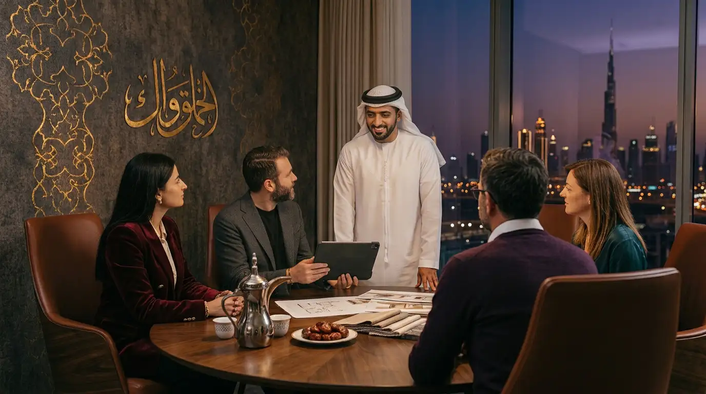 Kriswa team presenting a bespoke website project to an Emirati client in a Dubai meeting room overlooking the skyline