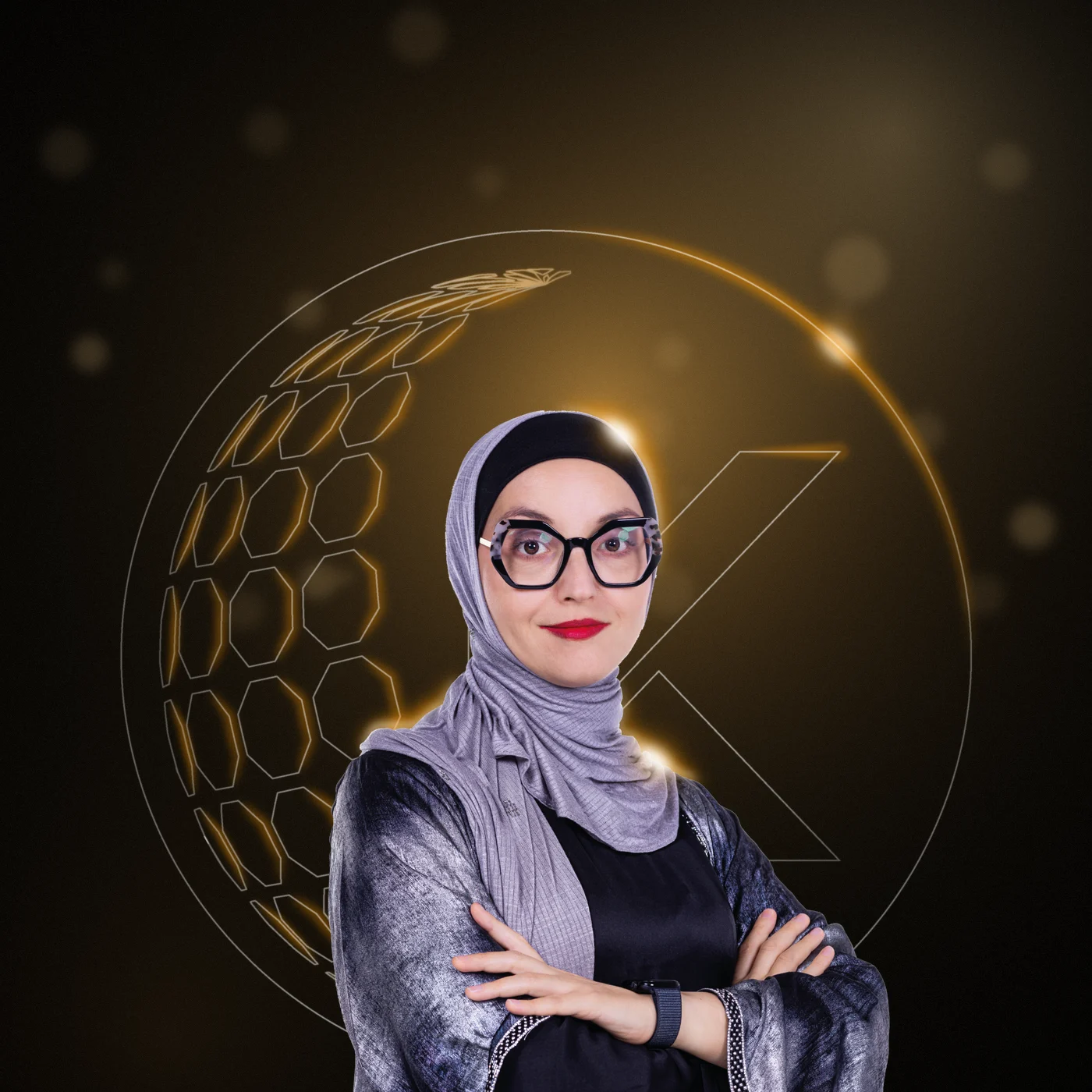 Kriswa co-founder portrait in front of the gold Kriswa logo, Italian web agency in Dubai