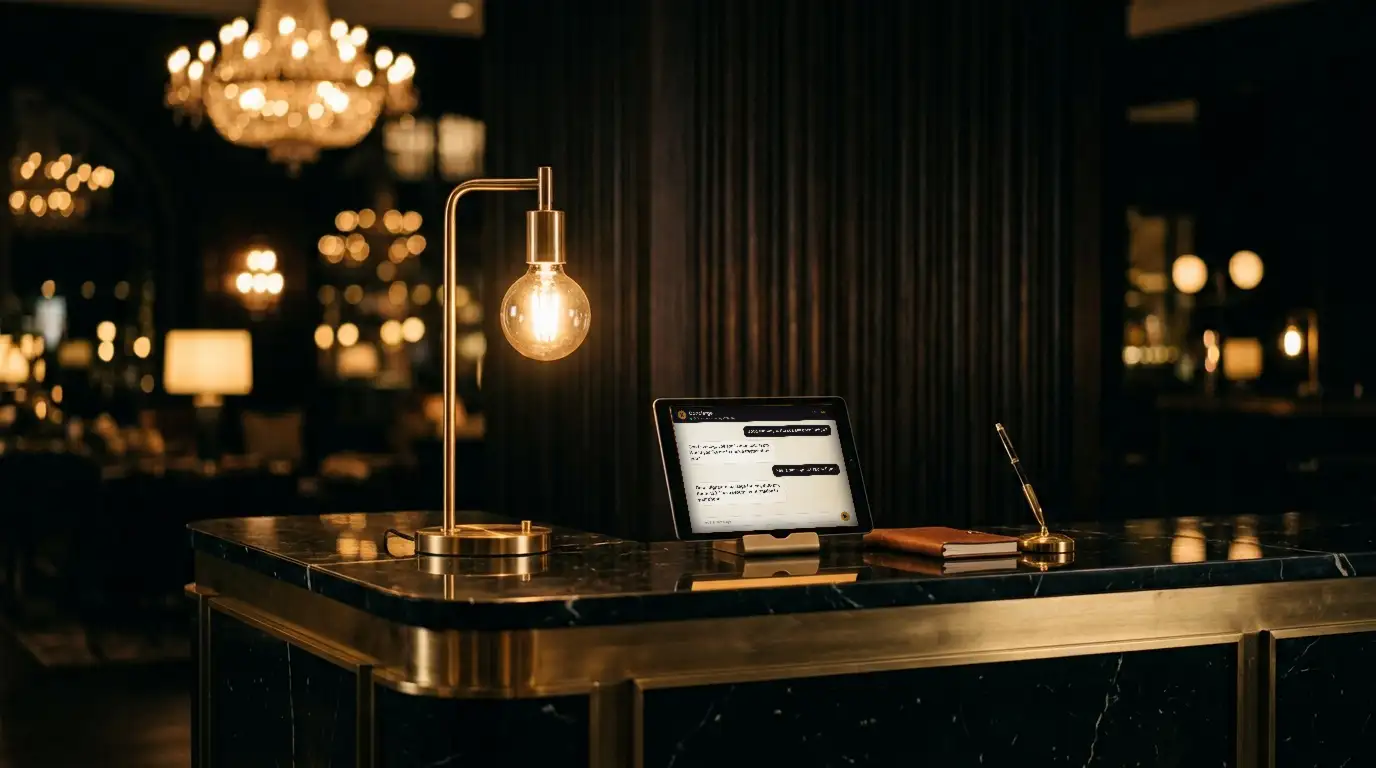 A tablet showing a concierge chat on a black marble and brass reception desk in a softly lit hotel lobby