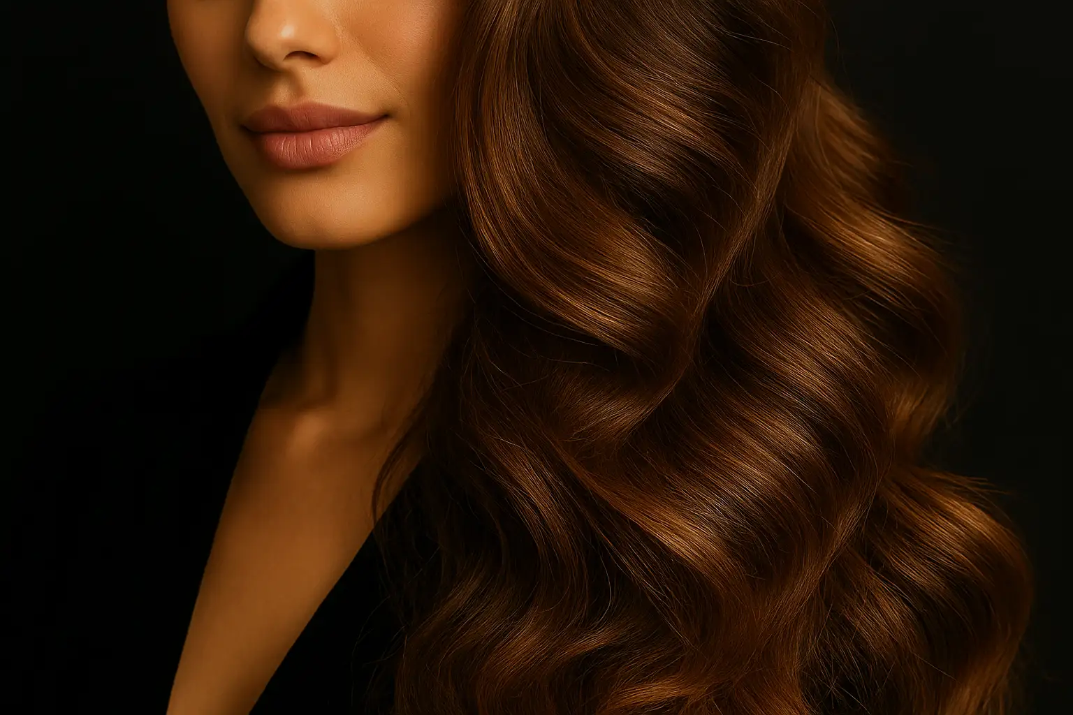 Long glossy chestnut waves falling over the shoulder of a woman in a black top