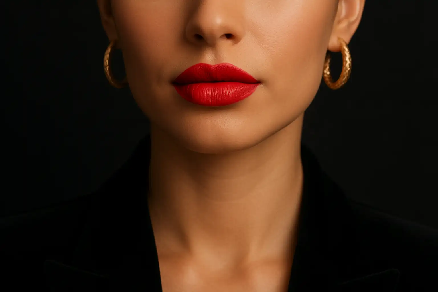 Close-up of a woman wearing matte red lipstick and gold hoop earrings against a black background