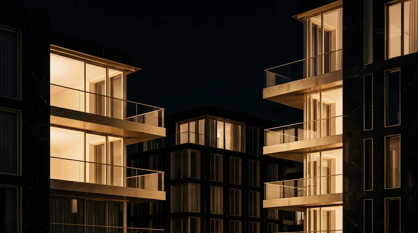 Residential buildings in black marble at night, with warmly lit windows and brass-edged balconies