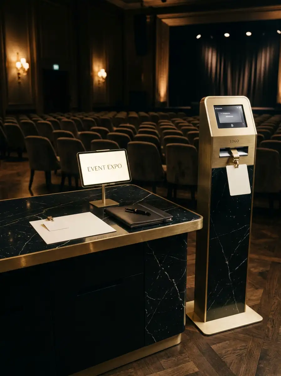 A black marble and brass registration desk and check-in kiosk in an empty congress hall with rows of velvet seats facing a curtained stage