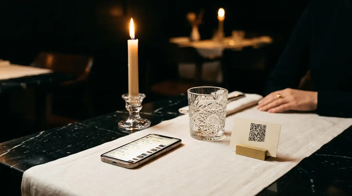 A candlelit restaurant table with a crystal glass, a smartphone showing a menu and a QR card in a brass holder
