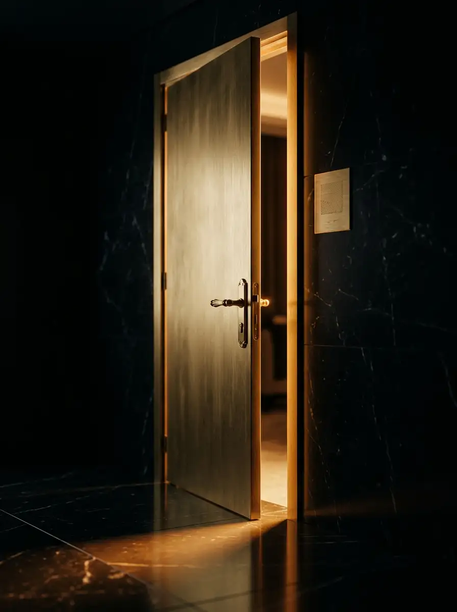 A brushed brass door ajar on black marble, warm golden light spilling from the room beyond