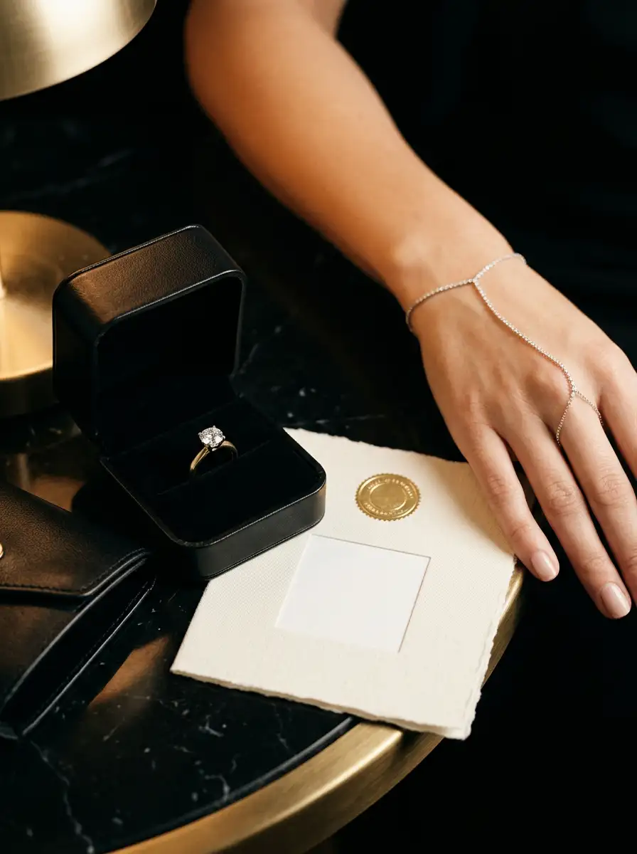 A diamond solitaire in an open black leather box beside a certificate with a gold seal on a black marble and brass table
