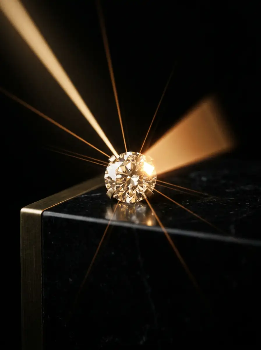A brilliant-cut diamond on the edge of a black marble and brass block, scattering rays of golden light