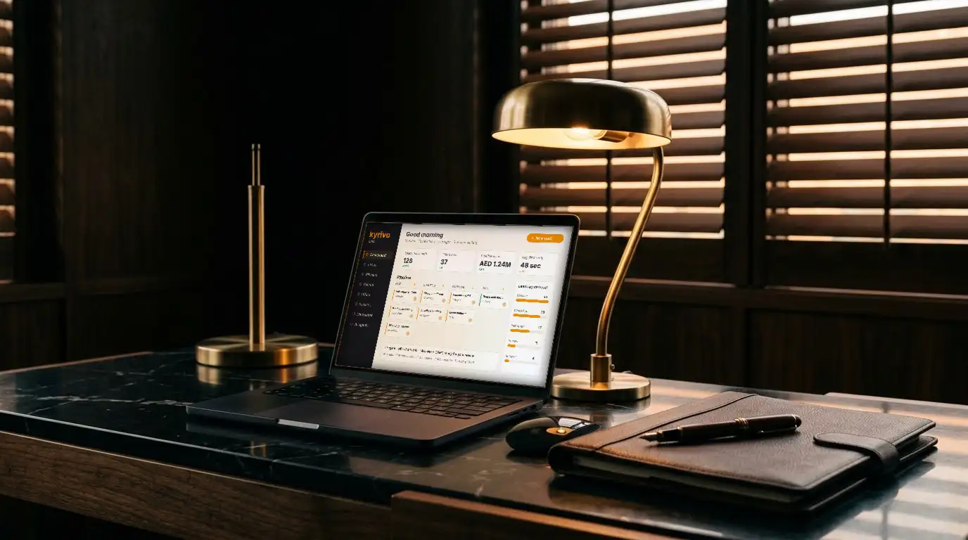 A laptop showing the Kyrivo CRM dashboard on a black marble desk beside a brass lamp and a leather folio