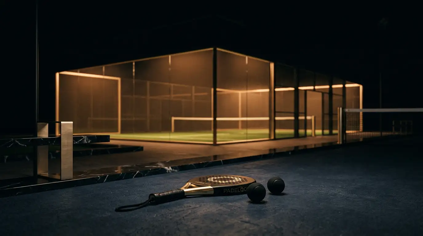 A glass padel court glowing with warm light at night, a black and gold racket and two balls in the foreground
