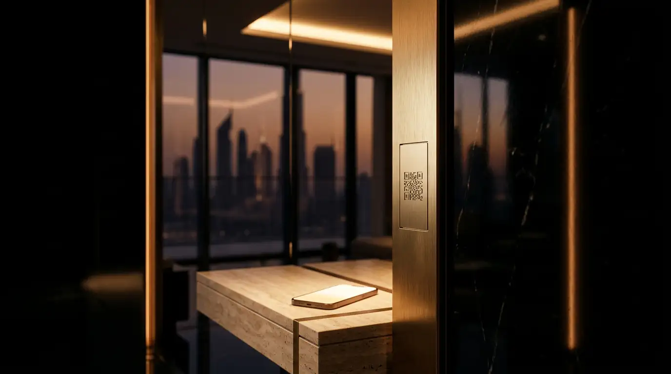 A brushed brass column with an engraved QR plaque at the entrance of a penthouse overlooking the Dubai skyline at dusk