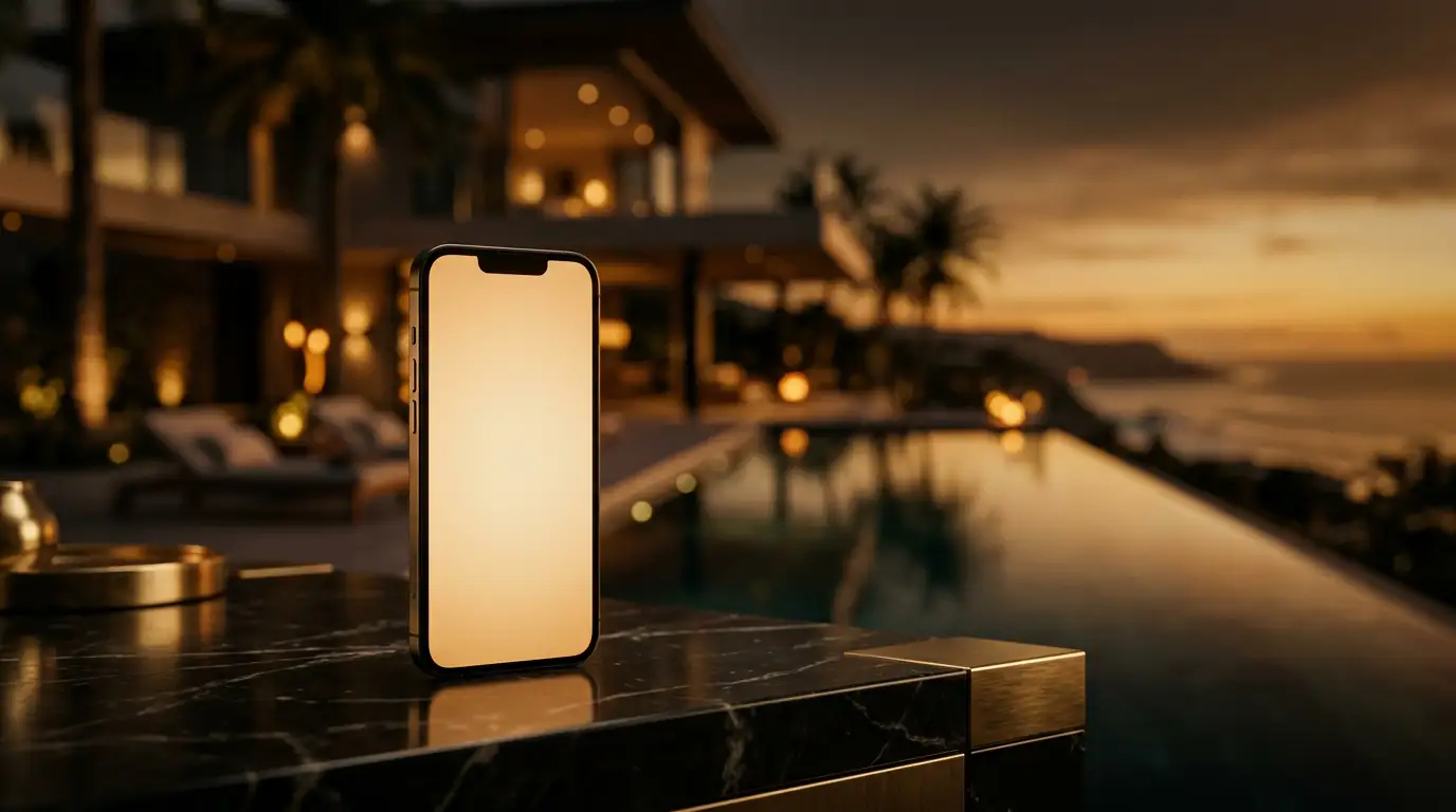 A smartphone standing on a black marble counter beside an infinity pool, a lit villa and a sunset over the sea behind