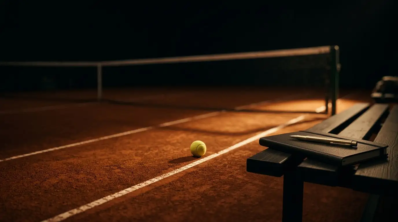 A tennis ball on a clay court under a warm spotlight, a leather notebook and pen on a courtside bench