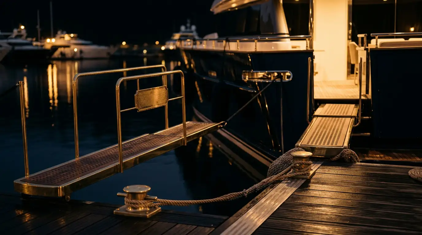 A brass gangway with an engraved plaque leading to a dark-hulled yacht moored in a marina at night
