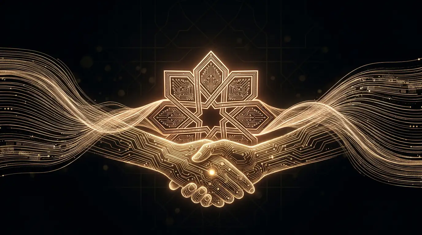Golden circuit-board handshake under an Arabic geometric star: Kriswa, your digital partner in Dubai