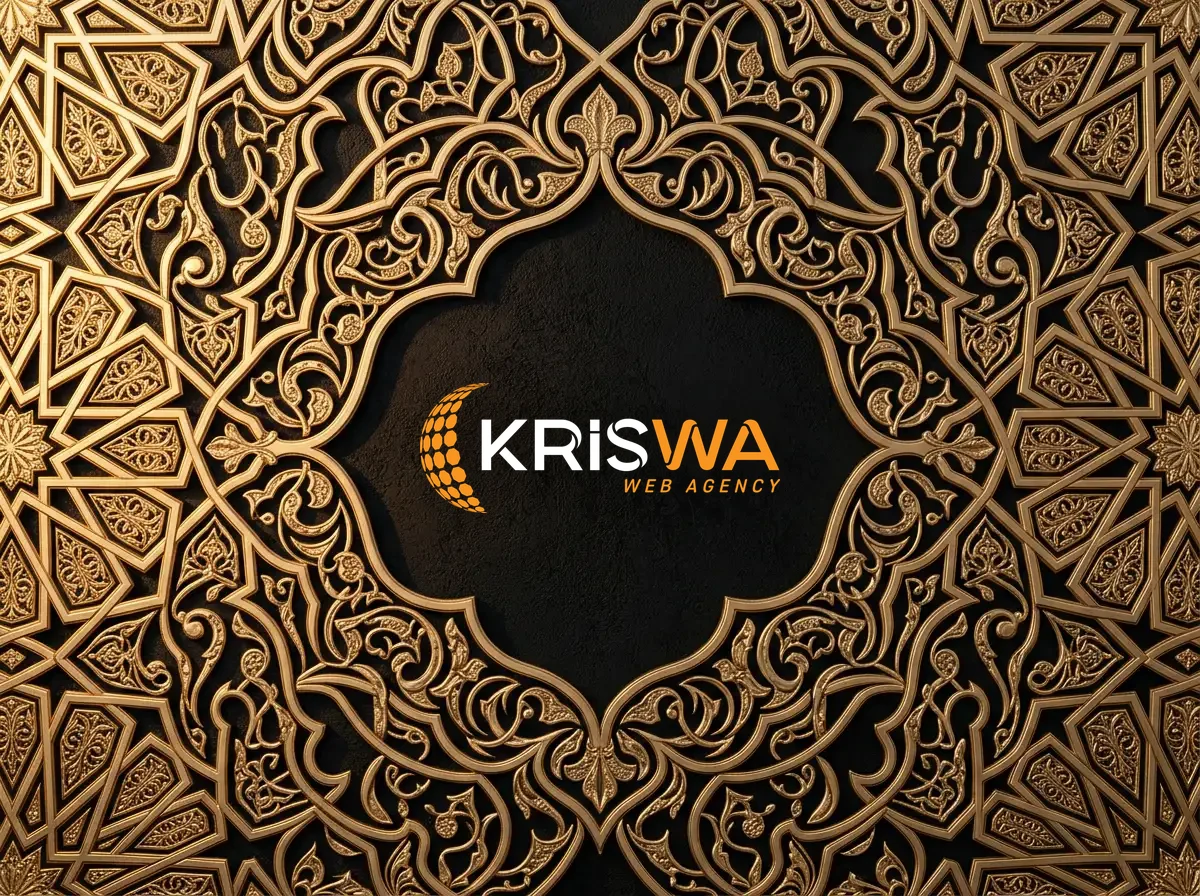 Kriswa Web Agency logo framed by a gold arabesque on black