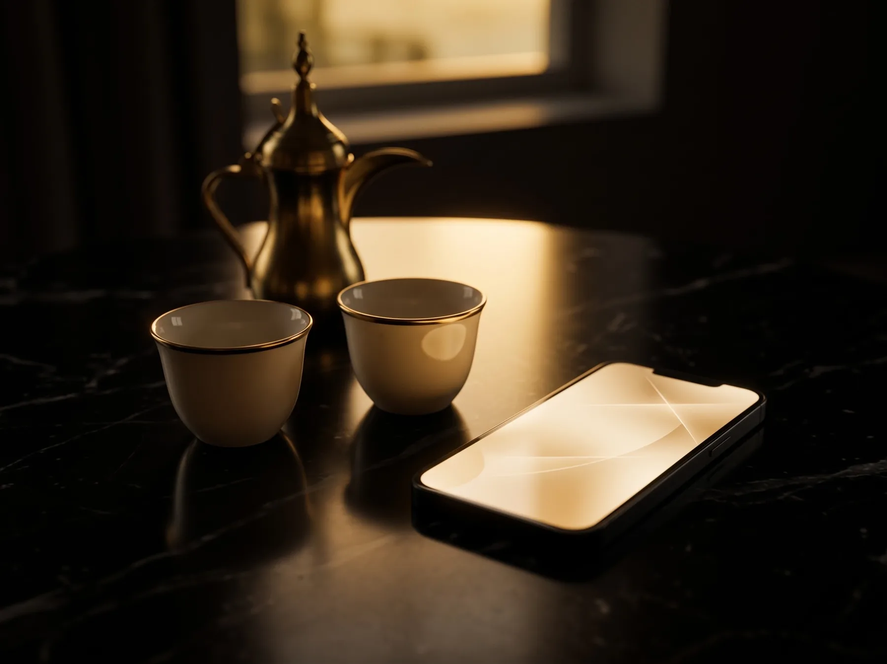 Arabic coffee pot and two cups on a dark marble table, a symbol of welcoming hospitality