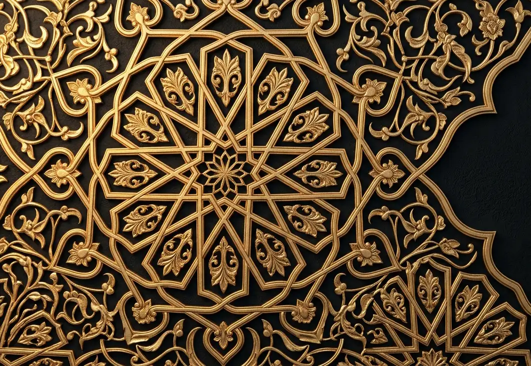 Gold arabesque relief on black: Italian design detail meets Arabic geometric craftsmanship