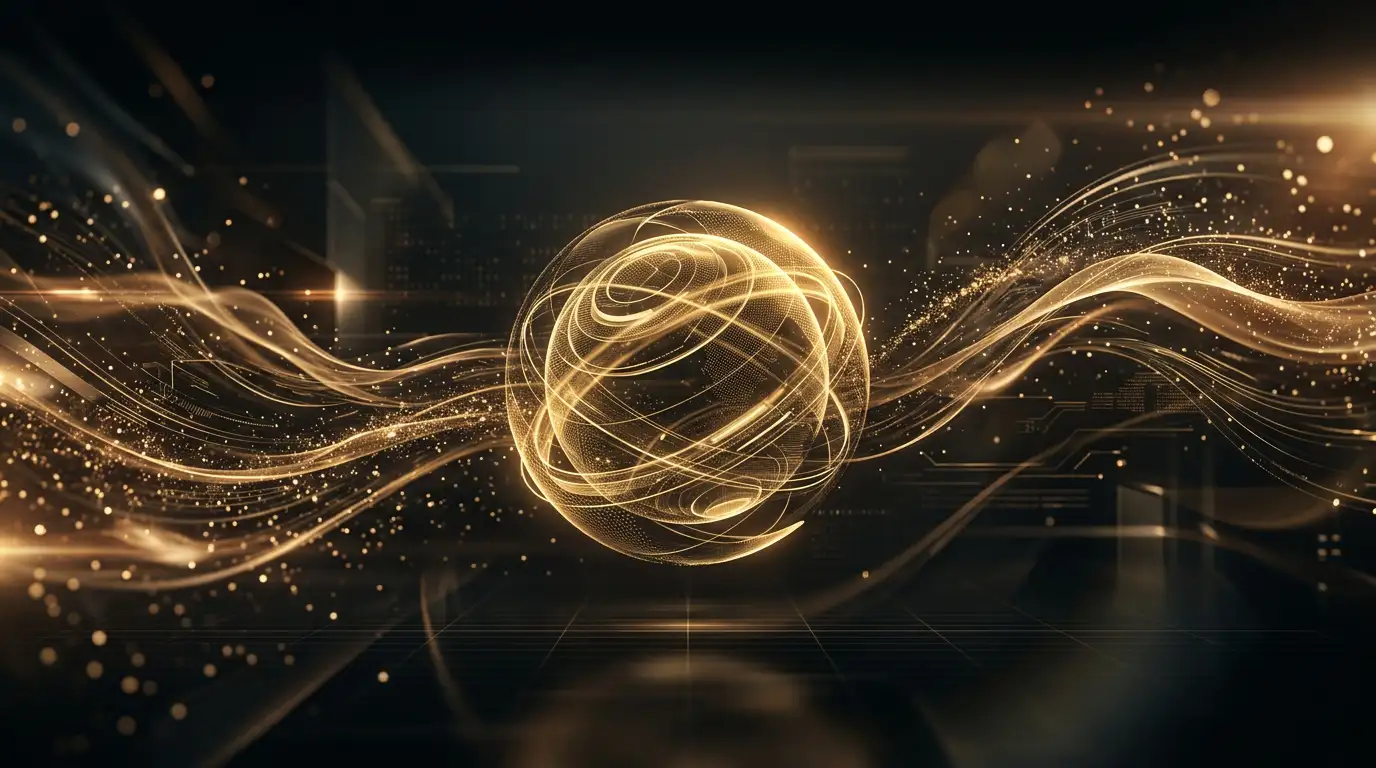 Golden digital sphere wrapped in flowing light ribbons and particles: Kriswa's mission and vision for the digital future