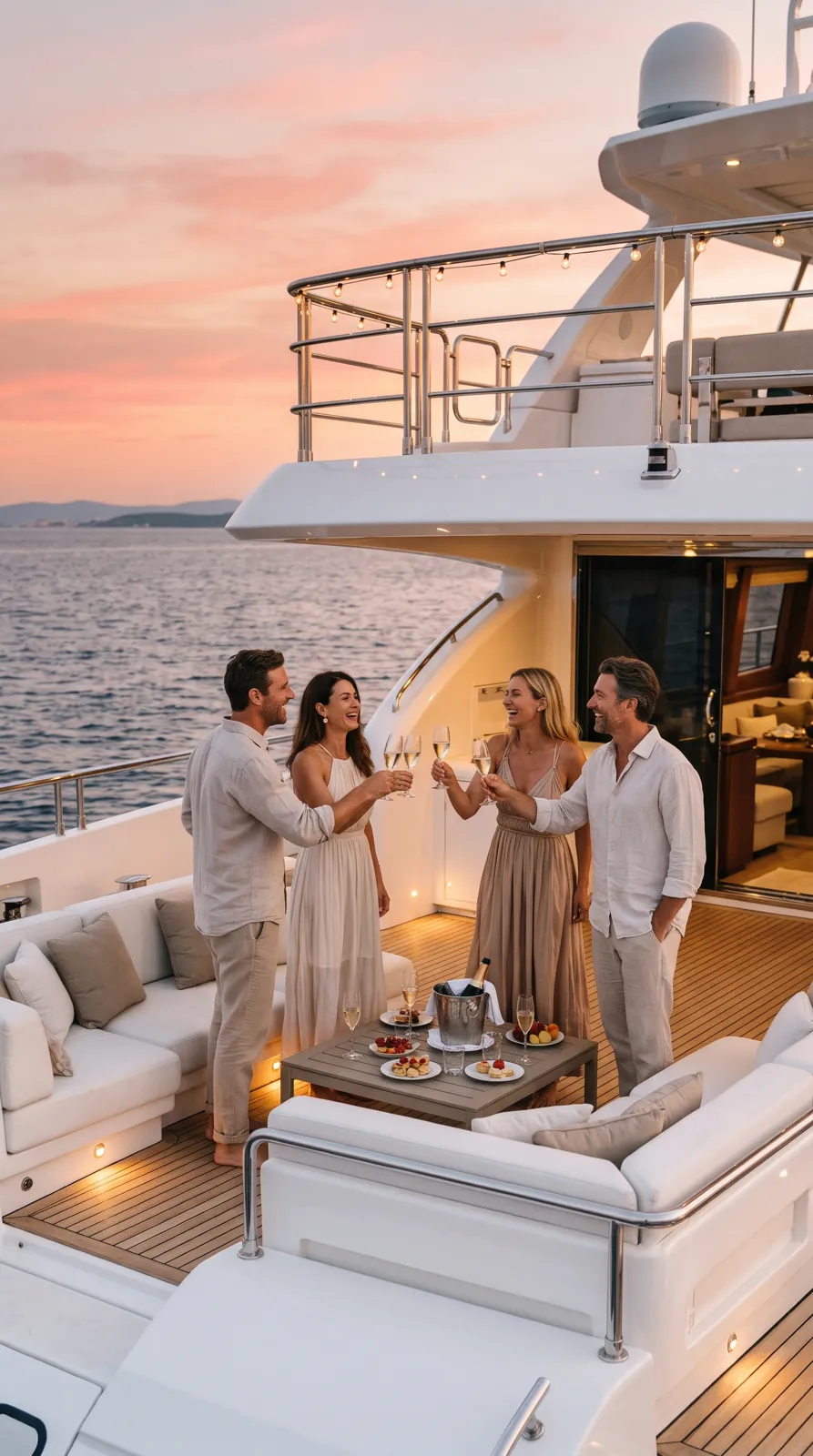 Guests on the aft deck at sunset