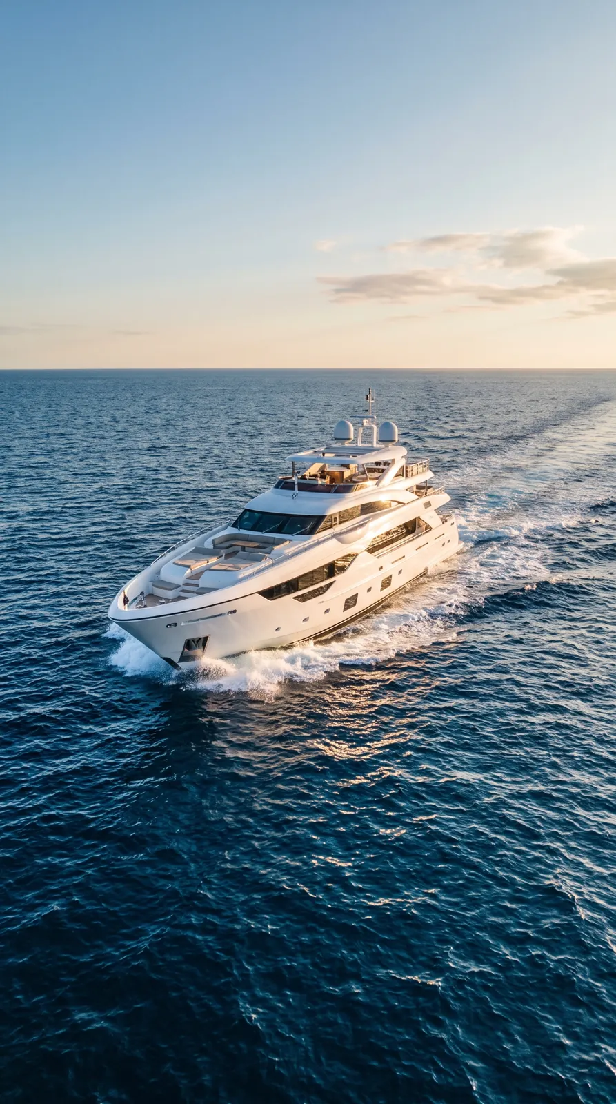 Motor yacht cruising in open sea, aerial view